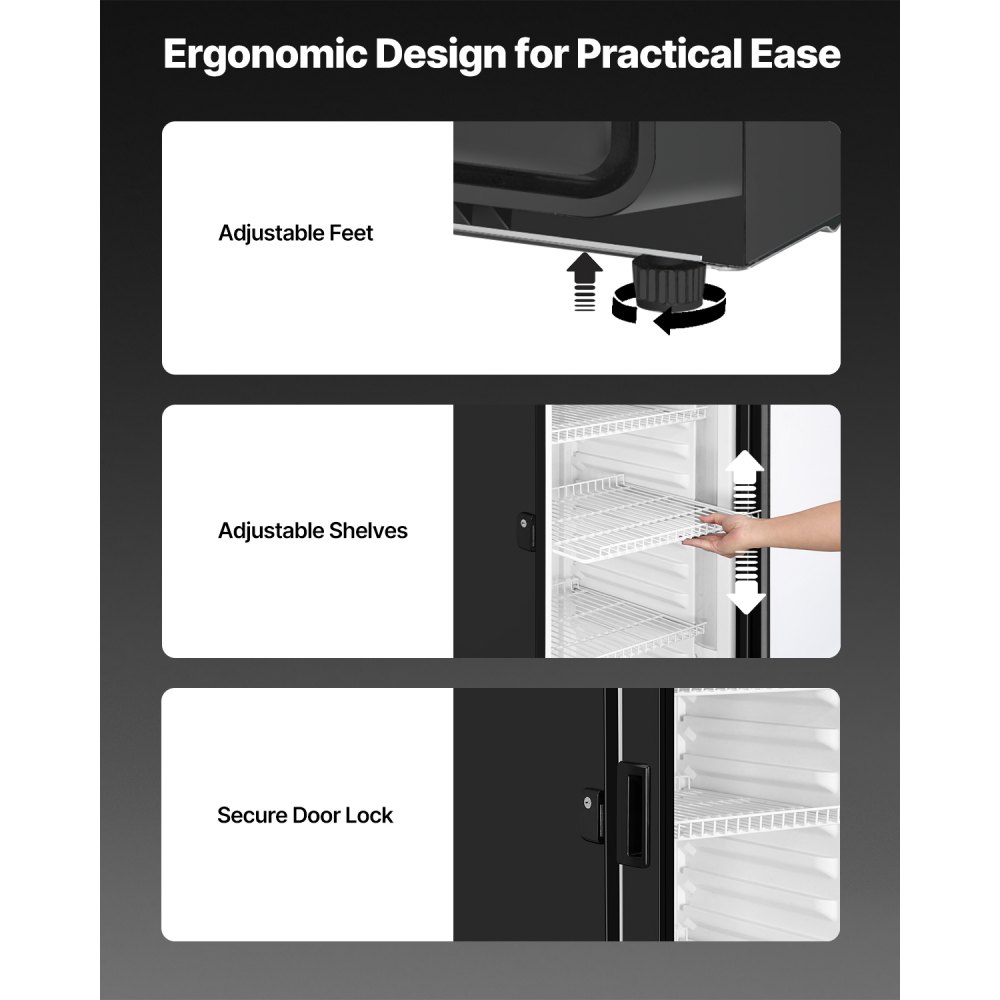 VEVOR Commercial Merchandiser Refrigerator, 9.7 CU.FT Glass Door Display Refrigerator, Beverage Refrigerator Cooler Merchandiser with Adjustable Shelves, Soft LED Light, Customizable Lightbox, Black