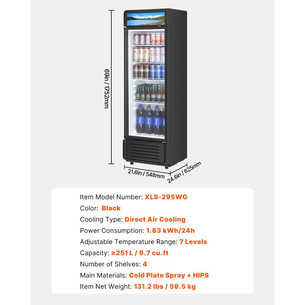 VEVOR Commercial Merchandiser Refrigerator, 9.7 CU.FT Glass Door Display Refrigerator, Beverage Refrigerator Cooler Merchandiser with Adjustable Shelves, Soft LED Light, Customizable Lightbox, Black