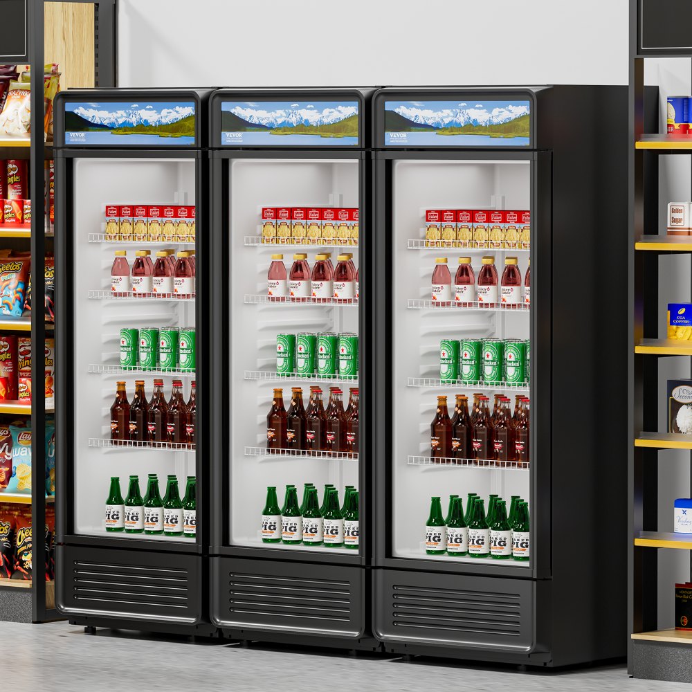 VEVOR Commercial Merchandiser Refrigerator, 9.7 CU.FT Glass Door Display Refrigerator, Beverage Refrigerator Cooler Merchandiser with Adjustable Shelves, Soft LED Light, Customizable Lightbox, Black