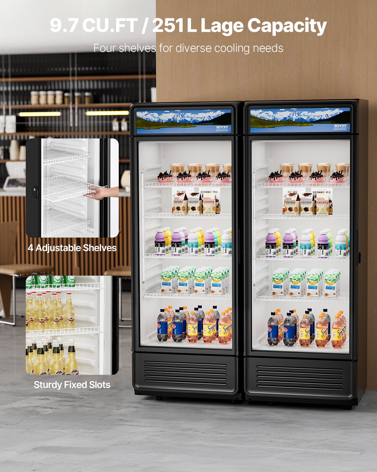 VEVOR Commercial Merchandiser Refrigerator, 9.7 CU.FT Glass Door Display Refrigerator, Beverage Refrigerator Cooler Merchandiser with Adjustable Shelves, Soft LED Light, Customizable Lightbox, Black
