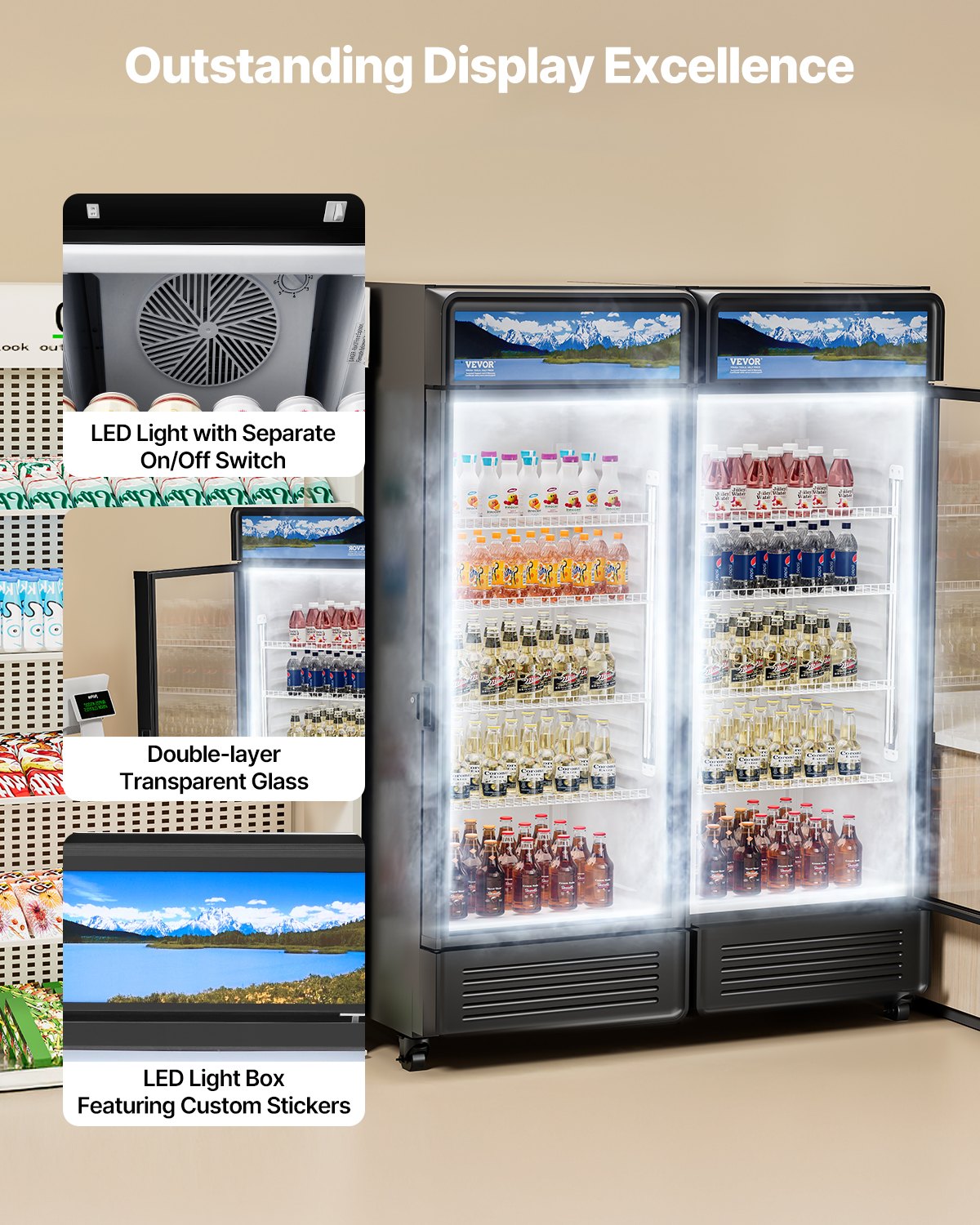 VEVOR Commercial Merchandiser Refrigerator, 9.7 CU.FT Glass Door Display Refrigerator, Beverage Refrigerator Cooler Merchandiser with Adjustable Shelves, Soft LED Light, Customizable Lightbox, Black