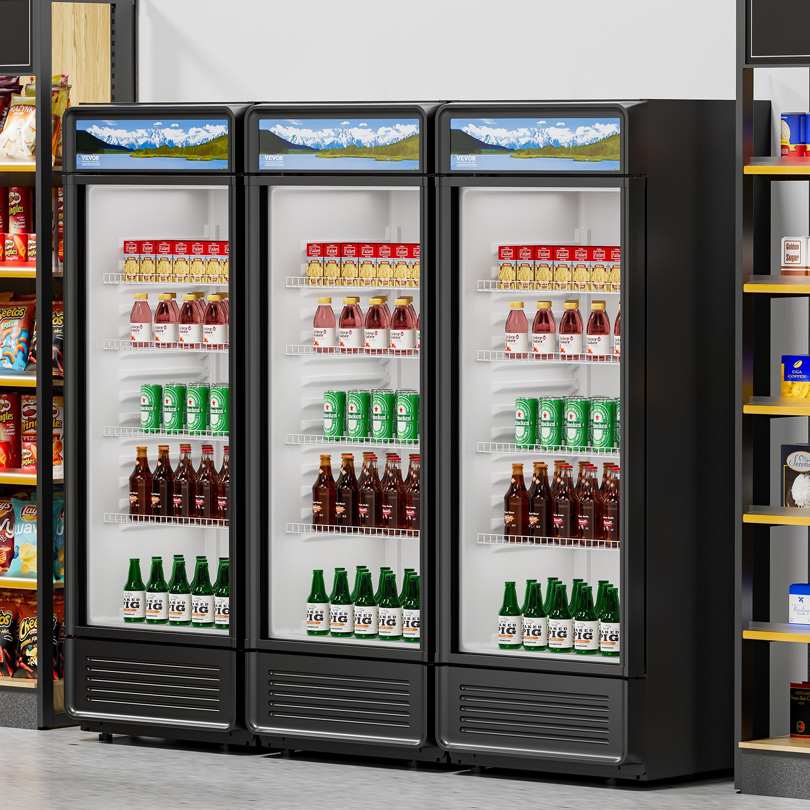 VEVOR Commercial Merchandiser Refrigerator, 9.7 CU.FT Glass Door Display Refrigerator, Beverage Refrigerator Cooler Merchandiser with Adjustable Shelves, Soft LED Light, Customizable Lightbox, Black