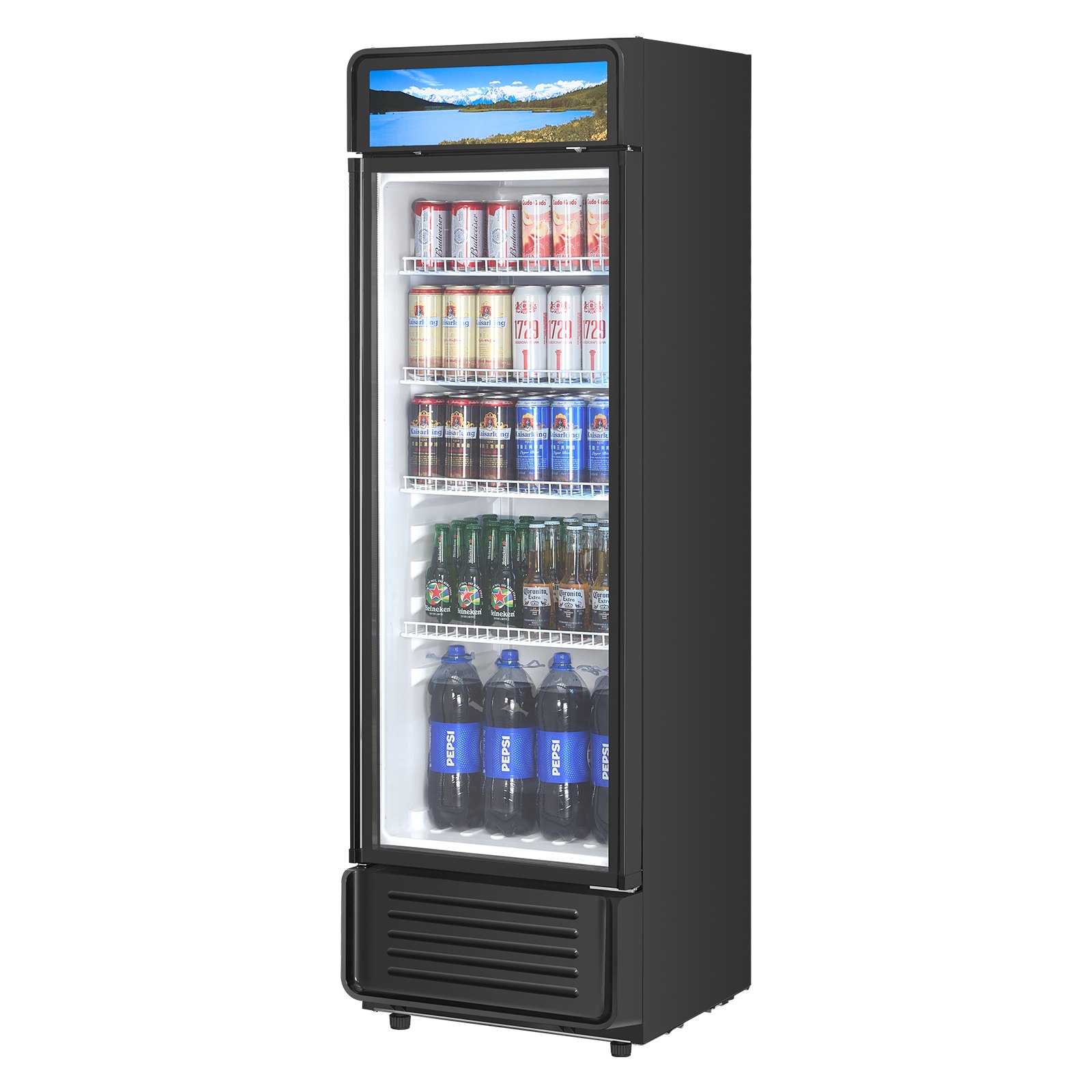 VEVOR Commercial Merchandiser Refrigerator, 9.7 CU.FT Glass Door Display Refrigerator, Beverage Refrigerator Cooler Merchandiser with Adjustable Shelves, Soft LED Light, Customizable Lightbox, Black