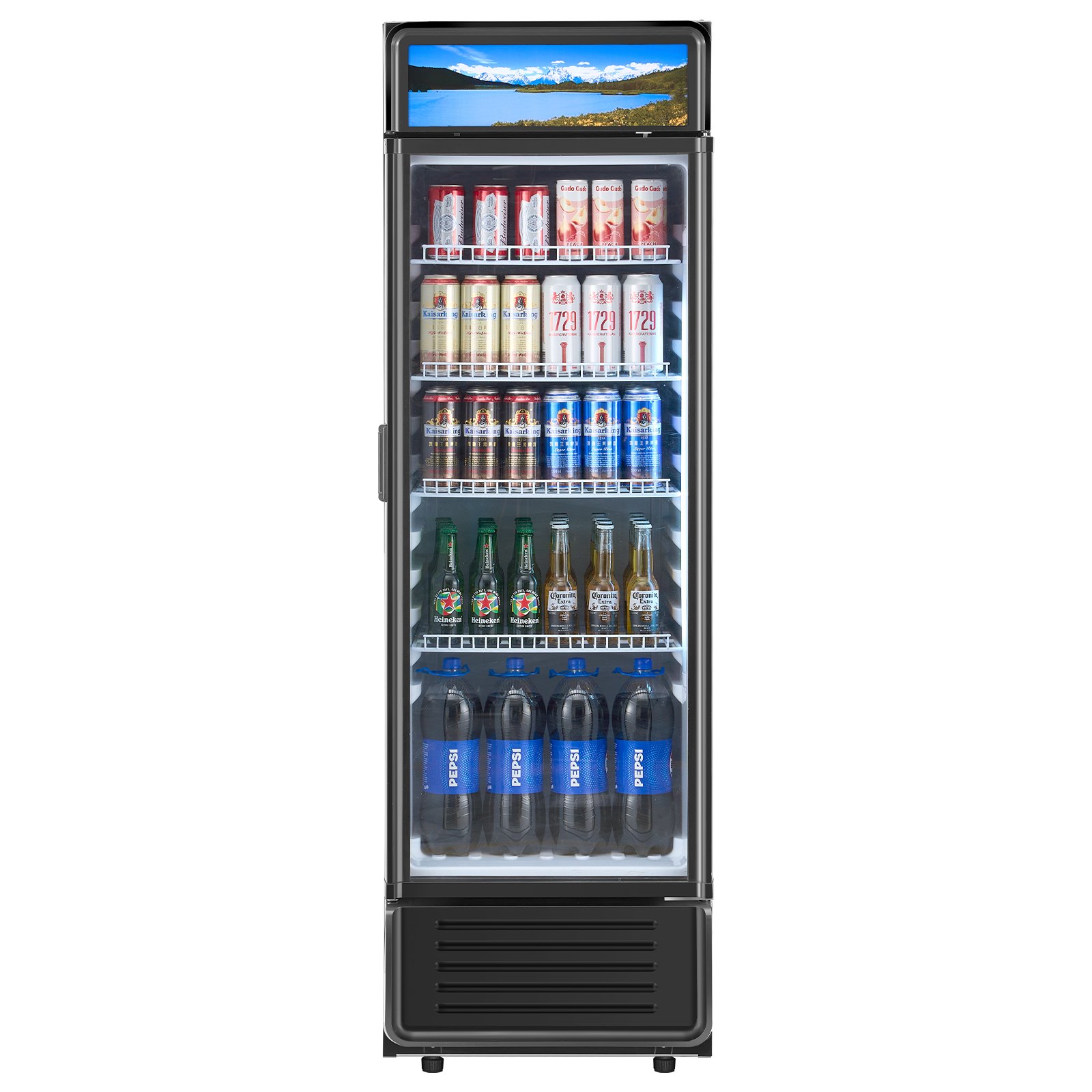 VEVOR Commercial Merchandiser Refrigerator, 9.7 CU.FT Glass Door Display Refrigerator, Beverage Refrigerator Cooler Merchandiser with Adjustable Shelves, Soft LED Light, Customizable Lightbox, Black
