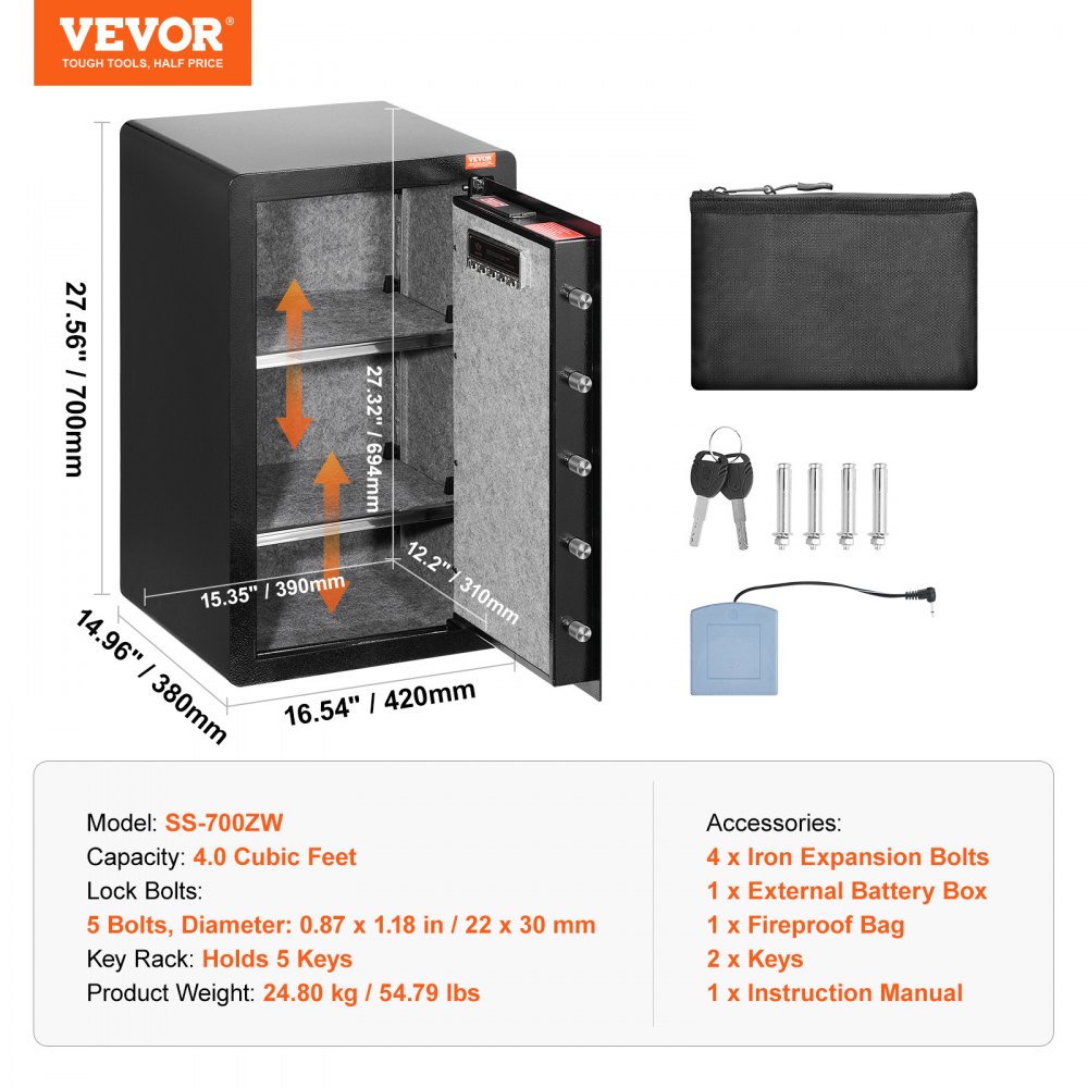 VEVOR Single Door 4.0 cu.ft Safe Box with Key Lock, Password & Fingerprint, Safe Lock Box with Fireproof Bag, Key Rack, LED Light, and 2 Shelves for Money, Documents, Jewelry, and Valuables, Black