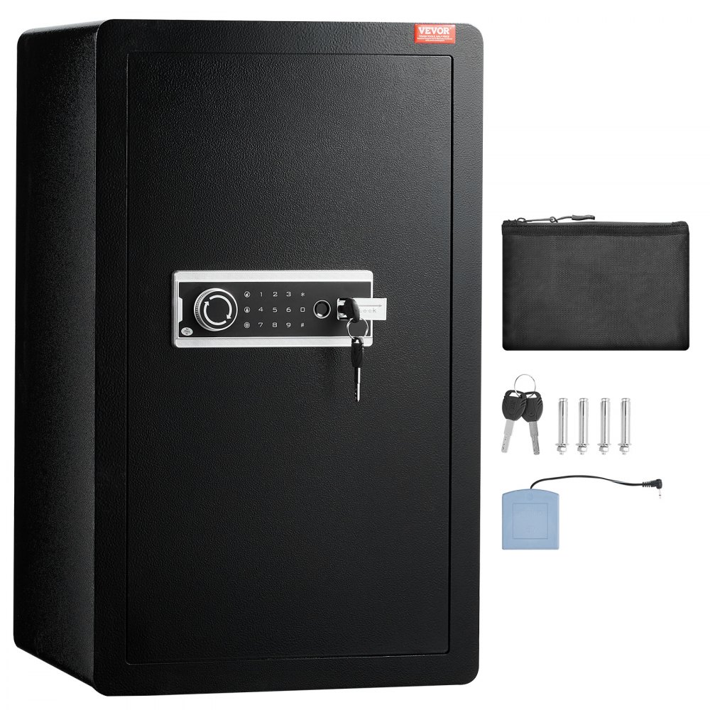 VEVOR Single Door 4.0 cu.ft Safe Box with Key Lock, Password & Fingerprint, Safe Lock Box with Fireproof Bag, Key Rack, LED Light, and 2 Shelves for Money, Documents, Jewelry, and Valuables, Black
