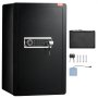 Caja de seguridad VEVOR de una puerta de 4.0 pies cúbicos con cerradura, contraseña y huella dactilar. Incluye bolsa ignífuga, llavero, luz LED y dos estantes para dinero, documentos, joyas y objetos de valor. Color negro.