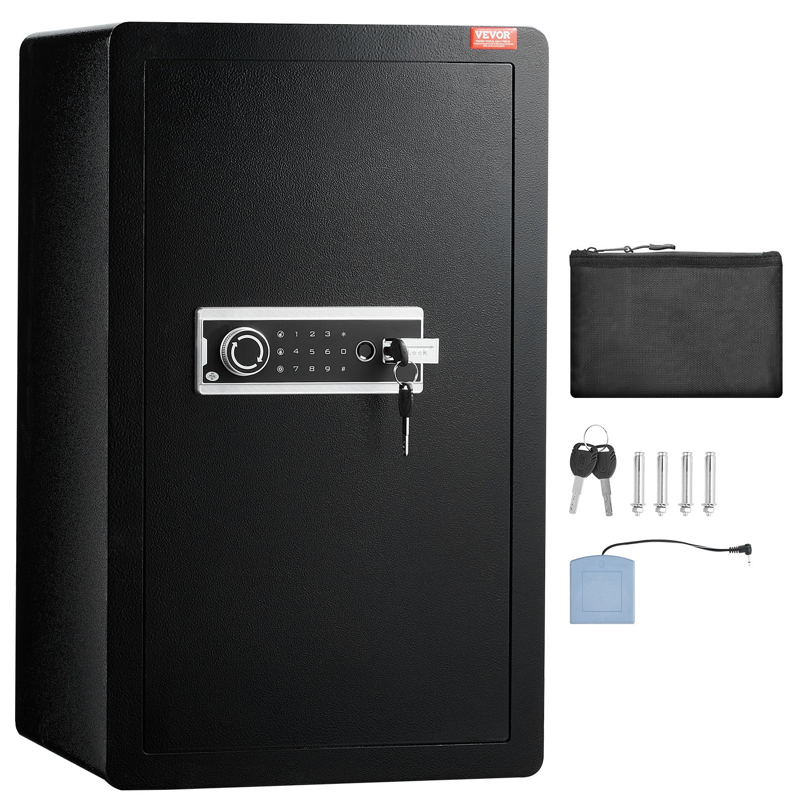 VEVOR Single Door 4.0 cu.ft Safe Box with Key Lock, Password & Fingerprint, Safe Lock Box with Fireproof Bag, Key Rack, LED Light, and 2 Shelves for Money, Documents, Jewelry, and Valuables, Black