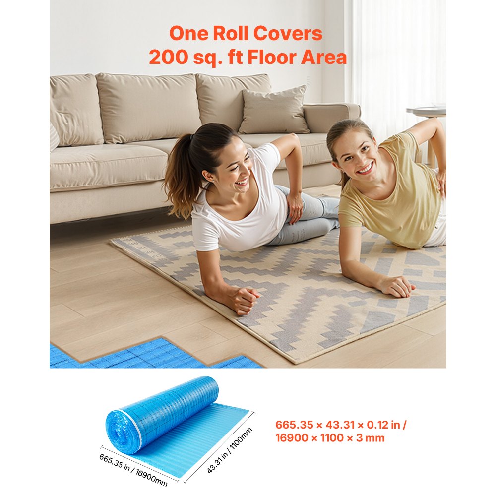 VEVOR Floor Underlayment 18.6 m²/Roll, 3-in-1 3 mm Thick Flooring Padding with Tape & Vapor Barrier, Heavy Duty EPE Foam with Blue PE, Soundproofing and Noise Reduction, Ideal for Laminate Wood