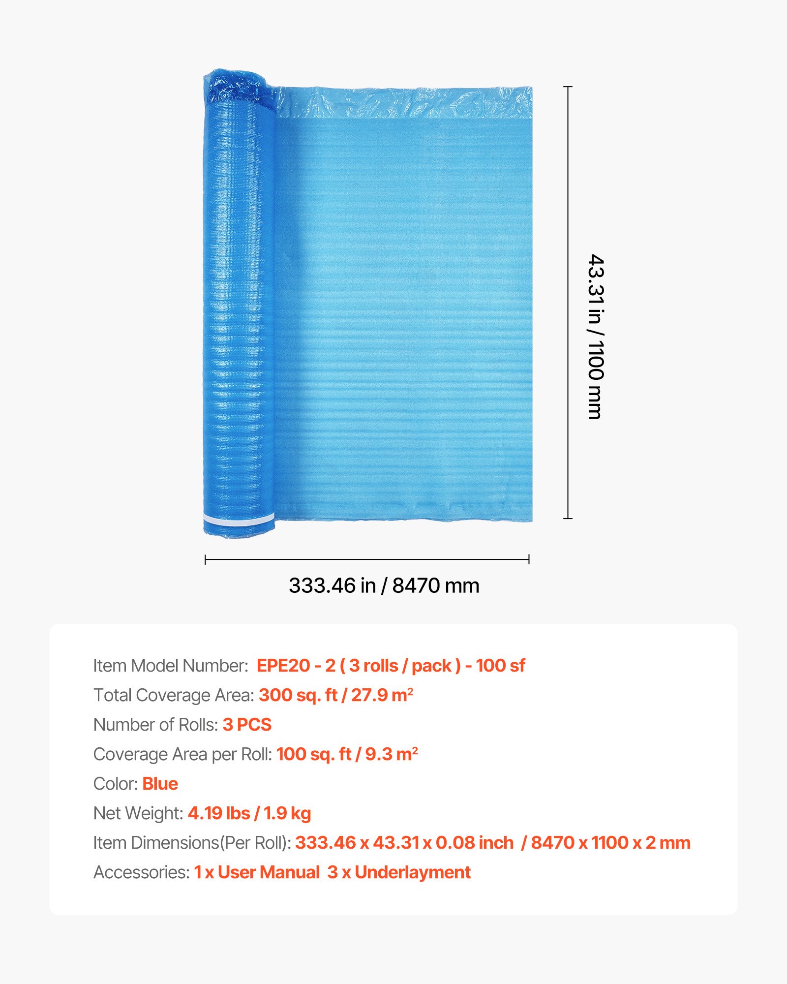 VEVOR Subpavimento de piso 27,9 m², 3 em 1, 3 mm de espessura, com fita e barreira de vapor, espuma EPE resistente com PE azul, isolamento acústico e redução de ruído, para madeira laminada (3 rolos x 9,3 m²)
