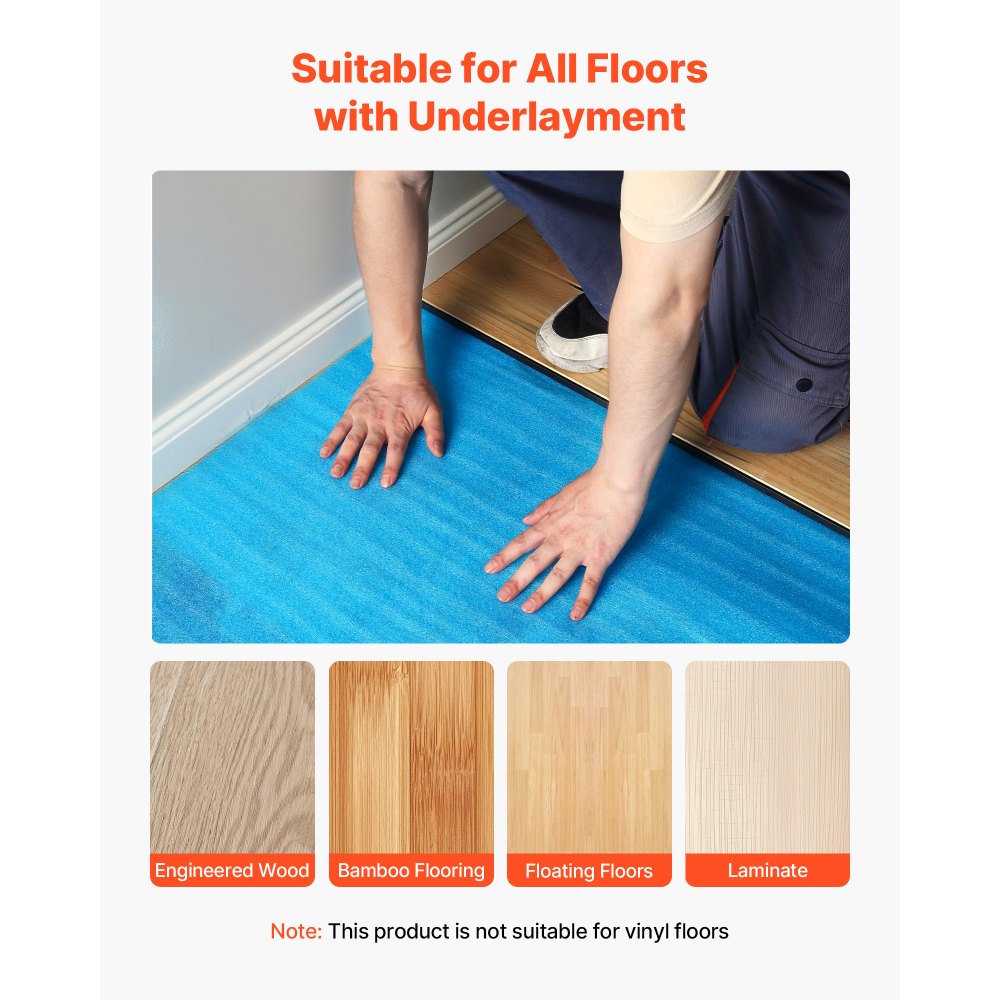 VEVOR Floor Underlayment 600 sq. ft, 3-in-1 2 mm Thick Flooring Padding with Tape & Vapor Barrier, Heavy Duty EPE Foam Soundproofing & Noise Reduction, for Laminate Wood (6 Rolls x 100 sq. ft)
