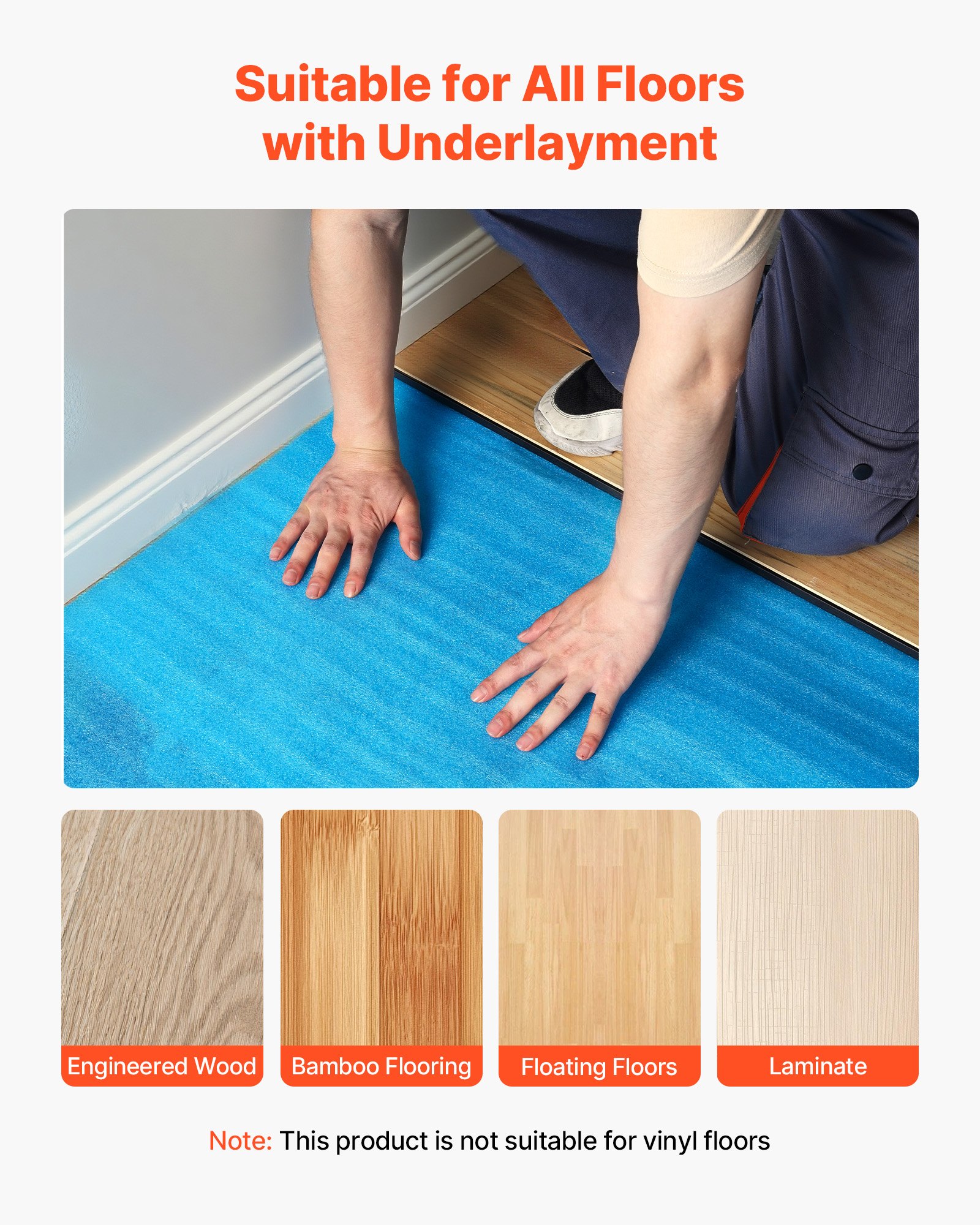 VEVOR Floor Underlayment 600 sq. ft, 3-in-1 2 mm Thick Flooring Padding with Tape & Vapor Barrier, Heavy Duty EPE Foam Soundproofing & Noise Reduction, for Laminate Wood (6 Rolls x 100 sq. ft)