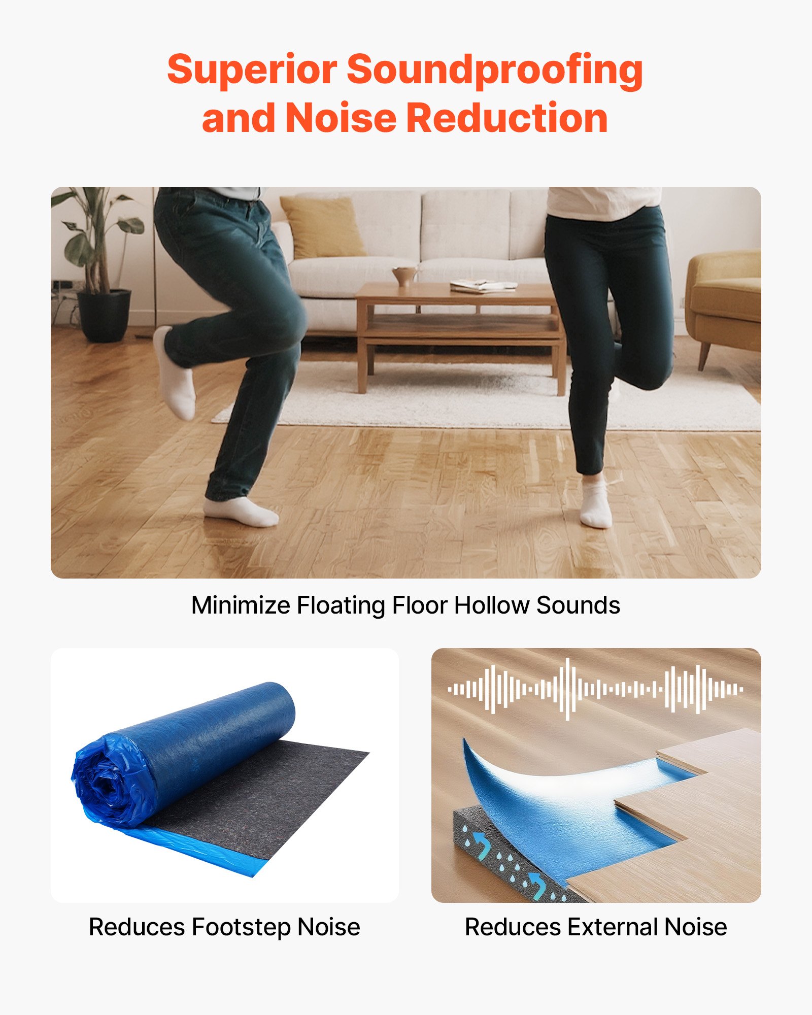 VEVOR Floor Underlayment 18.6 m²/Roll, 3 mm Thick Laminate Flooring Padding with Attached Vapor Barrier, Heavy Duty Fiber + PE Film, Soundproofing & Noise Reduction, Ideal for Laminate Wood Flooring