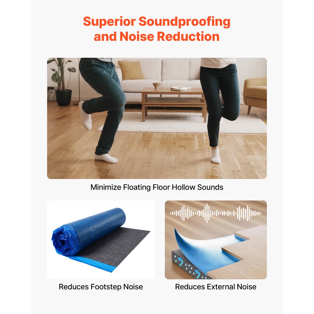 VEVOR Floor Underlayment 37.2 m², 3mm Laminate Flooring Padding with Attached Vapor Barrier, Heavy Duty Fiber+PE Film, Soundproofing & Noise Reduction for Vinyl & Wood Floors(2 Rolls x 18.6 m²)