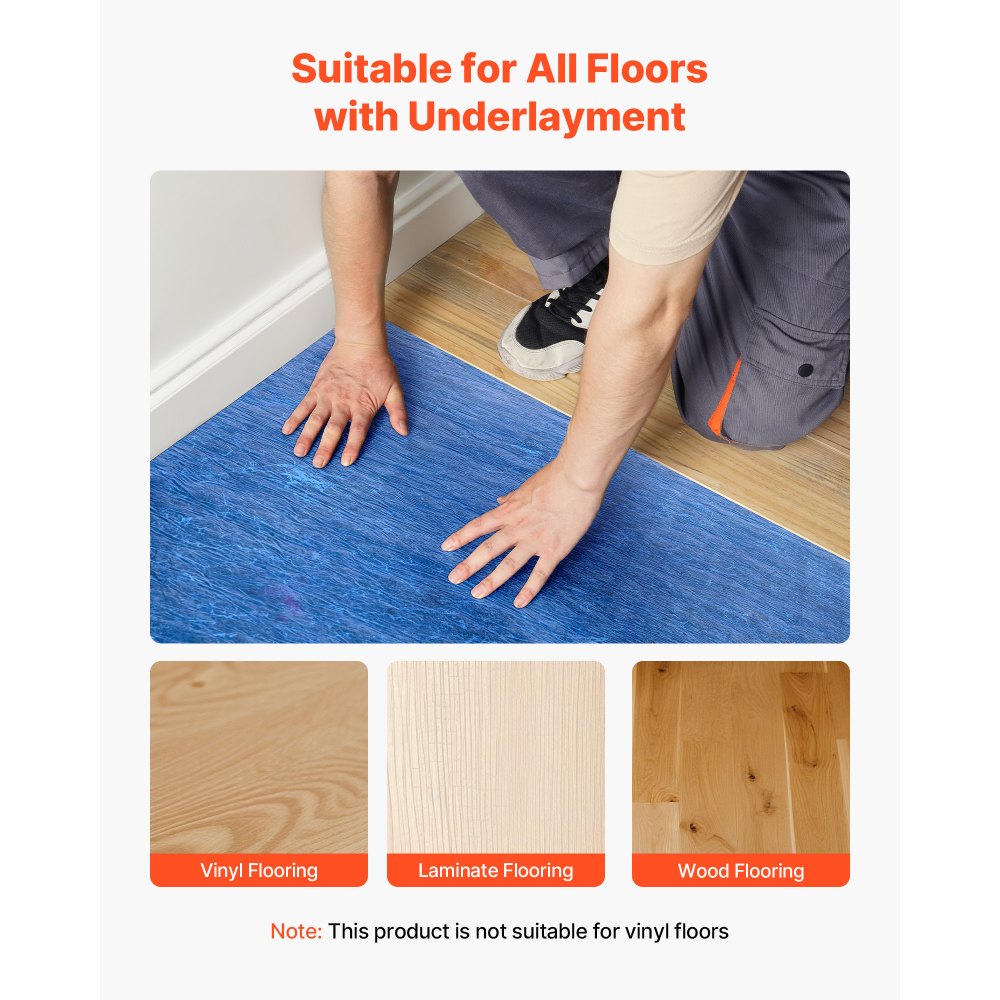 VEVOR Floor Underlayment 37.2 m², 3mm Laminate Flooring Padding with Attached Vapor Barrier, Heavy Duty Fiber+PE Film, Soundproofing & Noise Reduction for Vinyl & Wood Floors(2 Rolls x 18.6 m²)