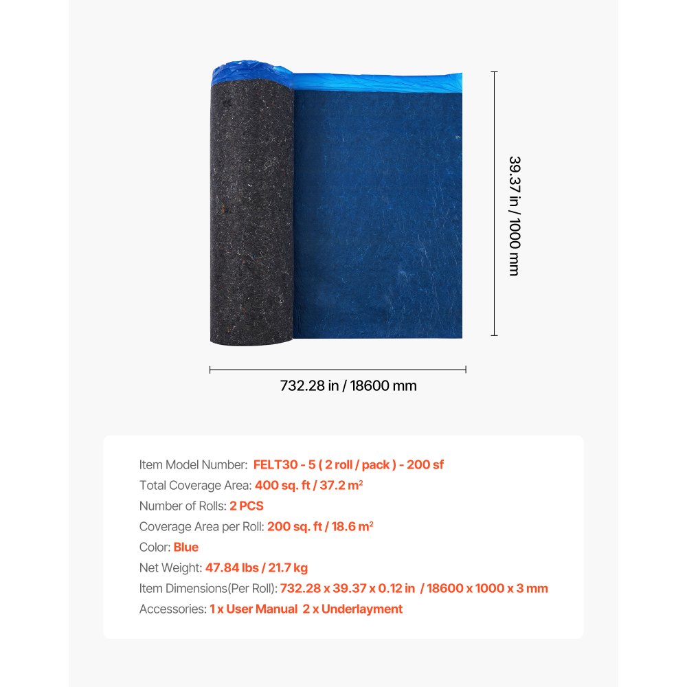 VEVOR Floor Underlayment 37.2 m², 3mm Laminate Flooring Padding with Attached Vapor Barrier, Heavy Duty Fiber+PE Film, Soundproofing & Noise Reduction for Vinyl & Wood Floors(2 Rolls x 18.6 m²)