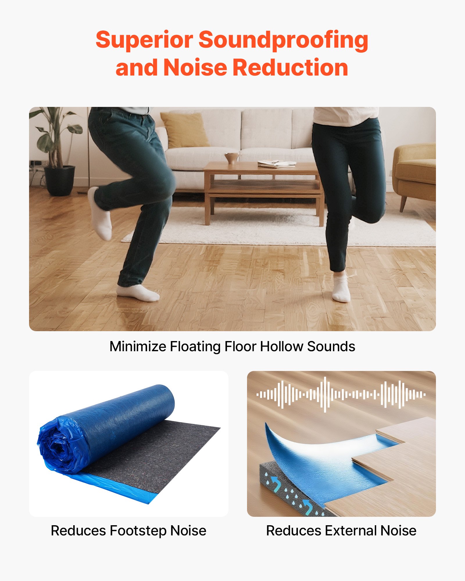 VEVOR Floor Underlayment 37.2 m², 3mm Laminate Flooring Padding with Attached Vapor Barrier, Heavy Duty Fiber+PE Film, Soundproofing & Noise Reduction for Vinyl & Wood Floors(2 Rolls x 18.6 m²)