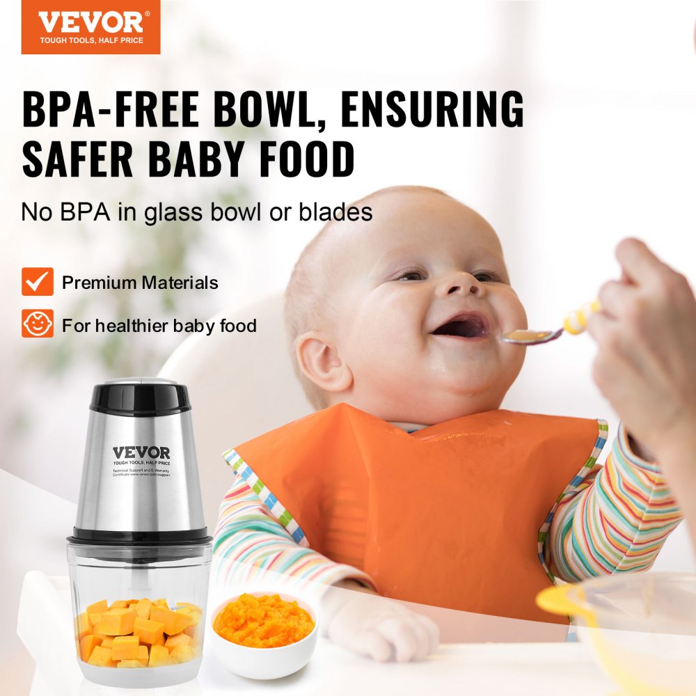 VEVOR Food Processor, Electric Meat Grinder with 4-Wing Stainless Steel Blades, 2.5 Cup Glass Bowl, 400W Electric Food Chopper, 2 Speeds Food Grinder for Baby Food, Meat, Onion, Vegetables