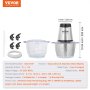 VEVOR electric food processor, 2 glass bowls, 4 s-shaped blades, scraper, non-slip pad, dimensions shown.