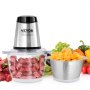 VEVOR electric food processor with chopped meat, veggies, and diced pumpkin. stainless steel bowl.