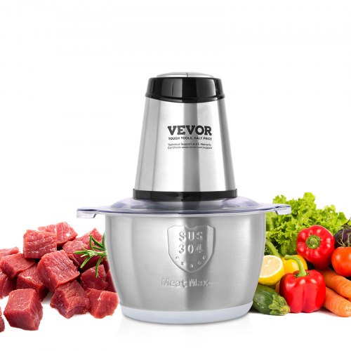 VEVOR Food Processor, Electric Meat Grinder with 4-Wing Stainless Steel Blades, 8 Cup Stainless Steel Bowl, 400W Electric Food Chopper, 2 Speeds Food Grinder for Baby Food, Meat, Onion, Vegetables