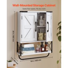 VEVOR Bathroom Wall Cabinet, with 2 Doors & Adjustable Shelf, Over the Toilet Storage Medicine Cabinet Wall Mounted, Hanging Organizer with Open Partition & Towel Bar for Laundry Room Kitchen, White