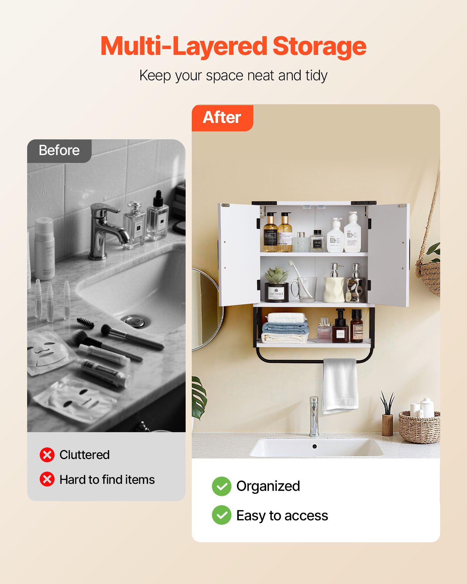 VEVOR Bathroom Wall Cabinet, with 2 Doors & Adjustable Shelf, Over the Toilet Storage Medicine Cabinet Wall Mounted, Hanging Organizer with Open Partition & Towel Bar for Laundry Room Kitchen, White