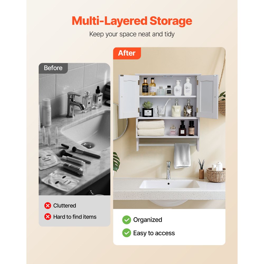 VEVOR Bathroom Wall Cabinet, 2 Doors and Adjustable Shelf, Over the Toilet Storage Medicine Cabinet Wall Mounted, Hanging Organizer with Open Partition and Towel Bar for Laundry Room Kitchen, White