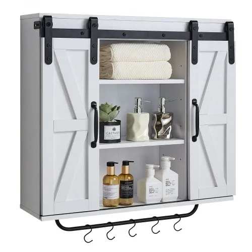 VEVOR Bathroom Wall Cabinet, 2 Doors and Adjustable Shelf, Over the Toilet Storage Medicine Cabinet Wall Mounted, Hanging Organizer with Open Partition/Towel Bar/Hooks for Laundry Room Kitchen, White