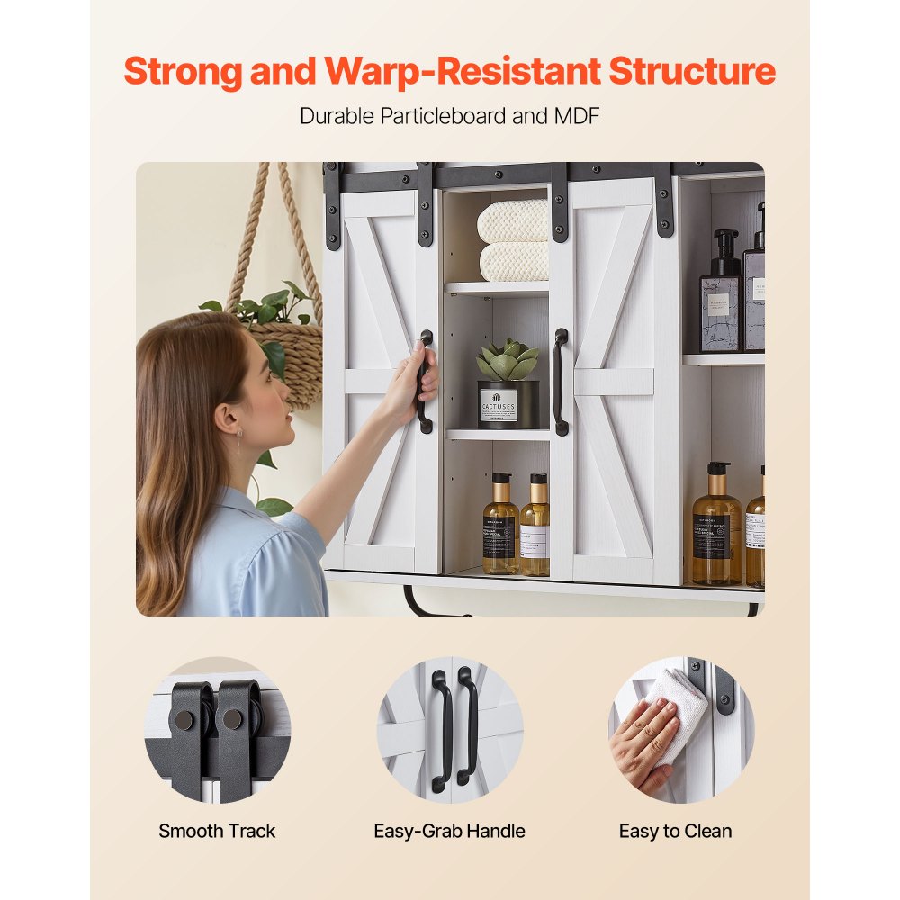 VEVOR Bathroom Wall Cabinet, 2 Doors and Adjustable Shelf, Over the Toilet Storage Medicine Cabinet Wall Mounted, Hanging Organizer with Open Partition/Towel Bar/Hooks for Laundry Room Kitchen, White