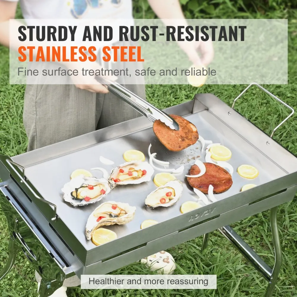 VEVOR stove top griddle with stainless steel surface, cooking seafood and vegetables outdoors.