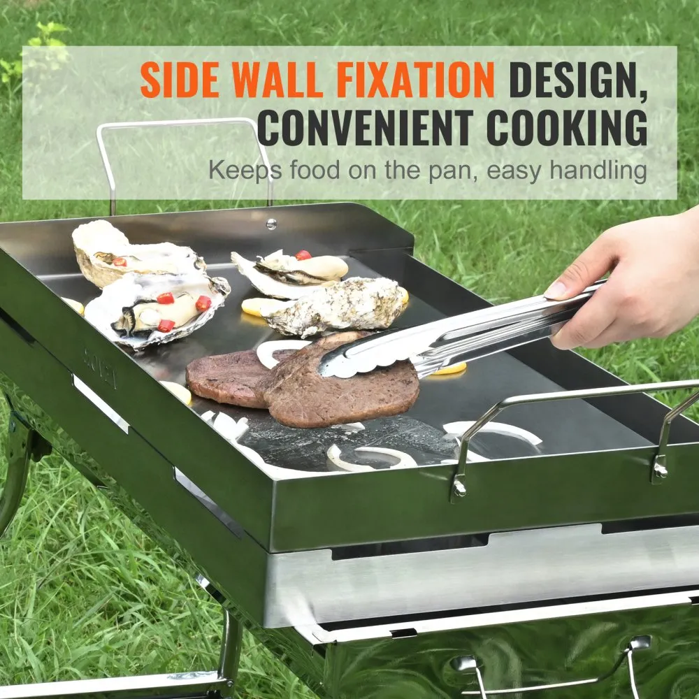 person cooking on VEVOR stove top griddle outdoors with oysters, onions, and steak using tongs.
