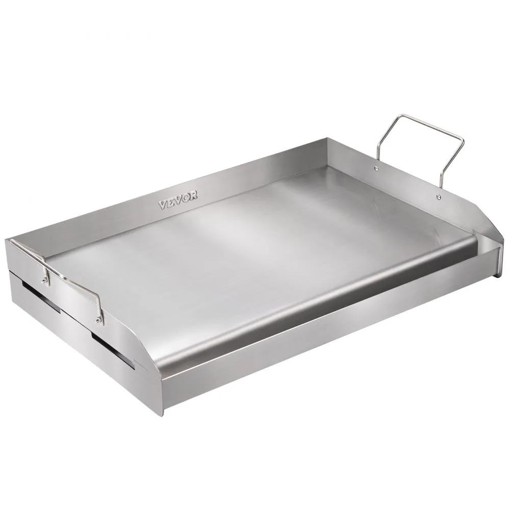 VEVOR stove top griddle made of stainless steel with raised edges and side handles.