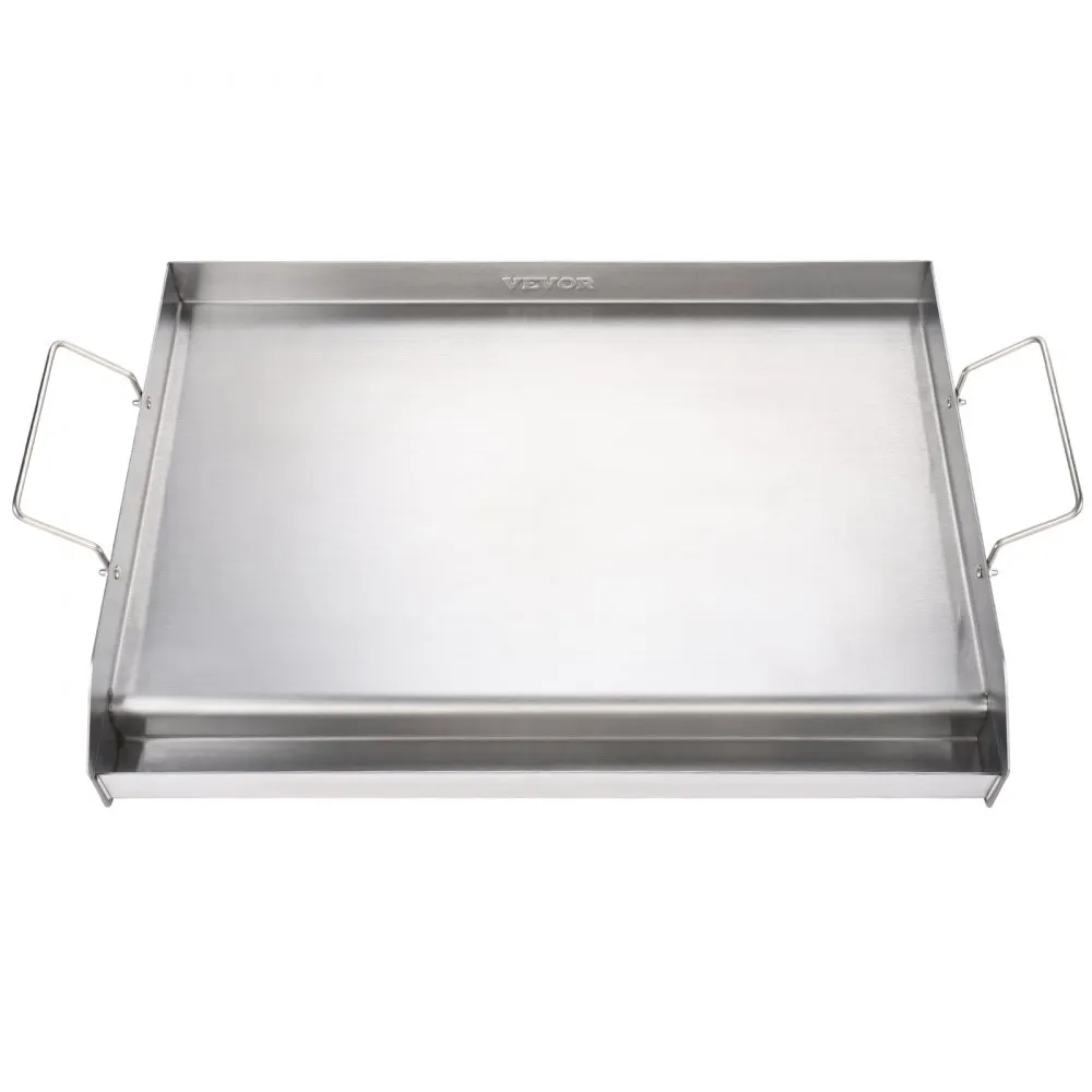 stainless steel VEVOR stove top griddle with dual handles, featuring a flat cooking surface.