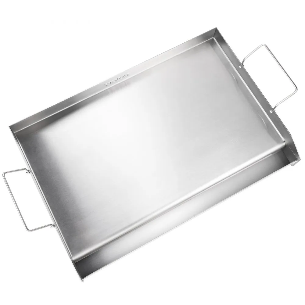VEVOR stove top griddle with stainless steel surface and dual handles for easy lifting.