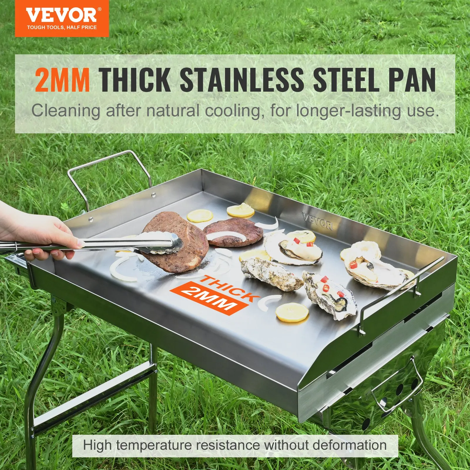VEVOR stove top griddle with 2mm thick stainless steel pan cooking meat and seafood outdoors.