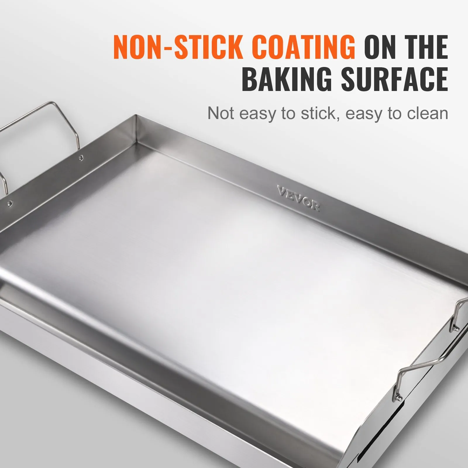 VEVOR stove top griddle with a non-stick baking surface, easy to clean, and sleek stainless steel design.
