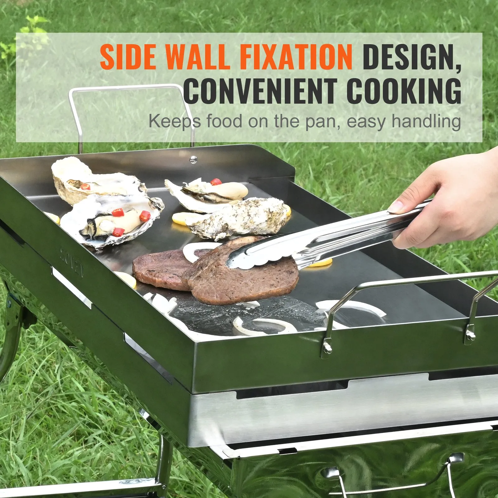 person cooking on VEVOR stove top griddle outdoors with oysters, onions, and steak using tongs.