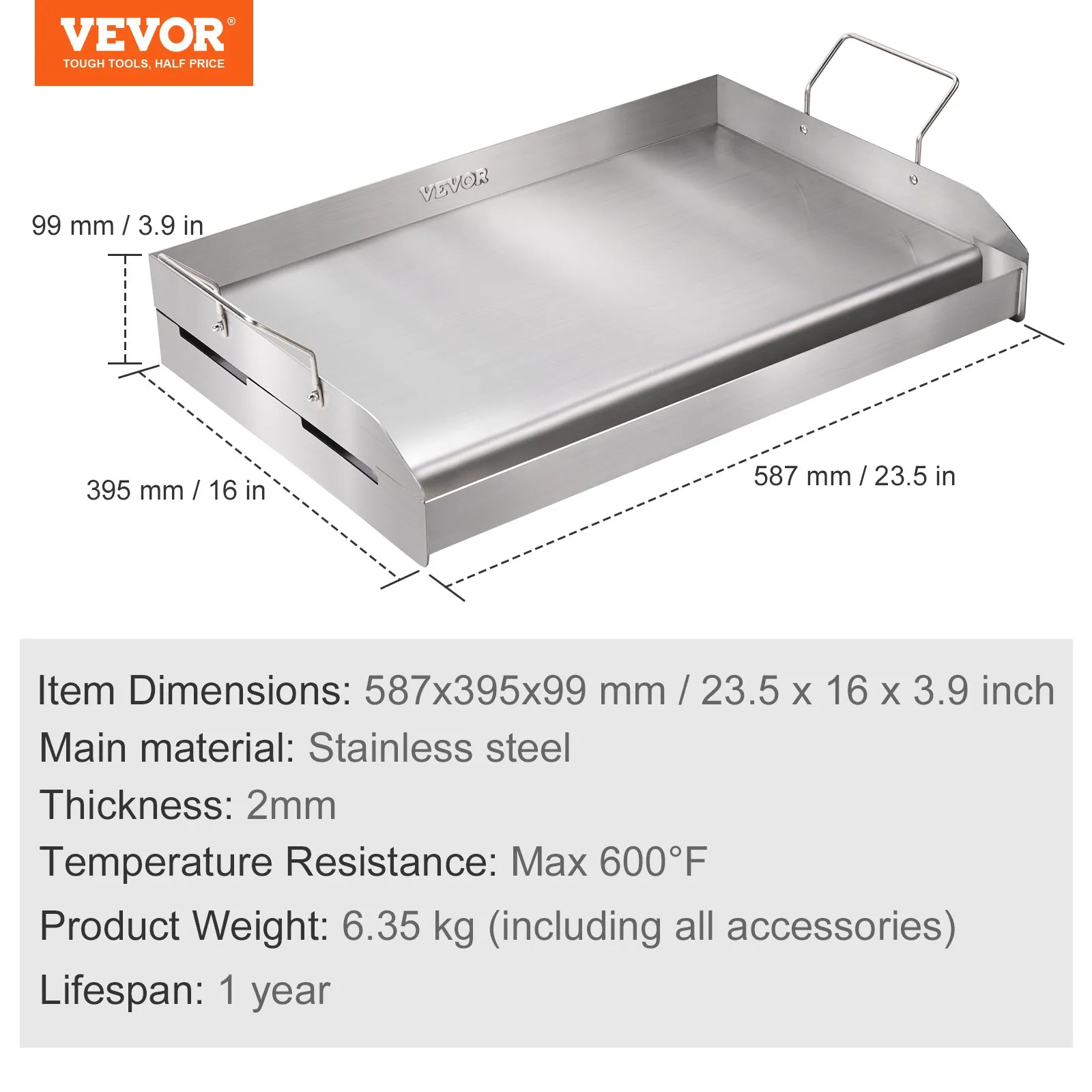 VEVOR stove top griddle, stainless steel, 587x395x99 mm, 600°f resistance, 6.35 kg weight.