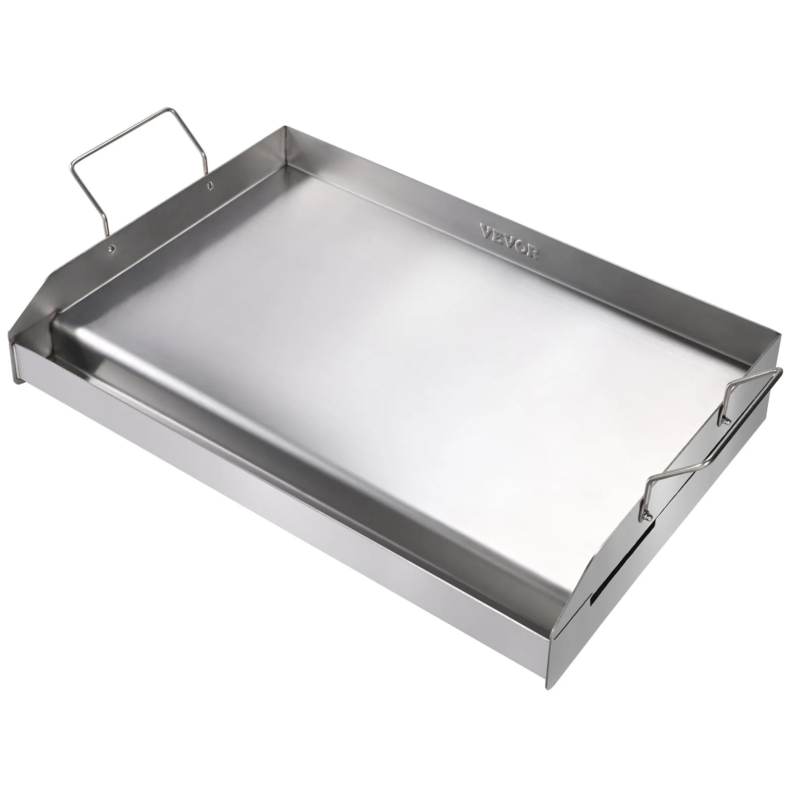 VEVOR stove top griddle with stainless steel surface and side handles for easy lifting.