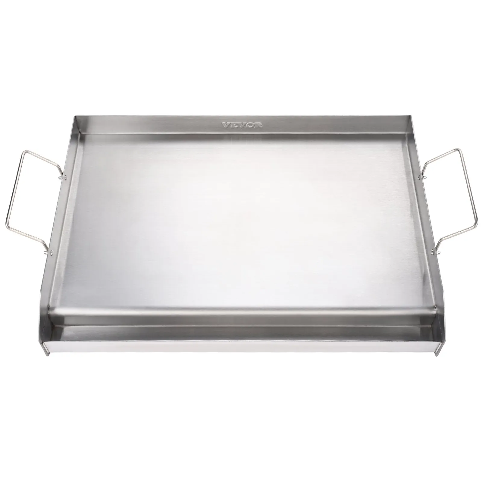 stainless steel VEVOR stove top griddle with dual handles, featuring a flat cooking surface.