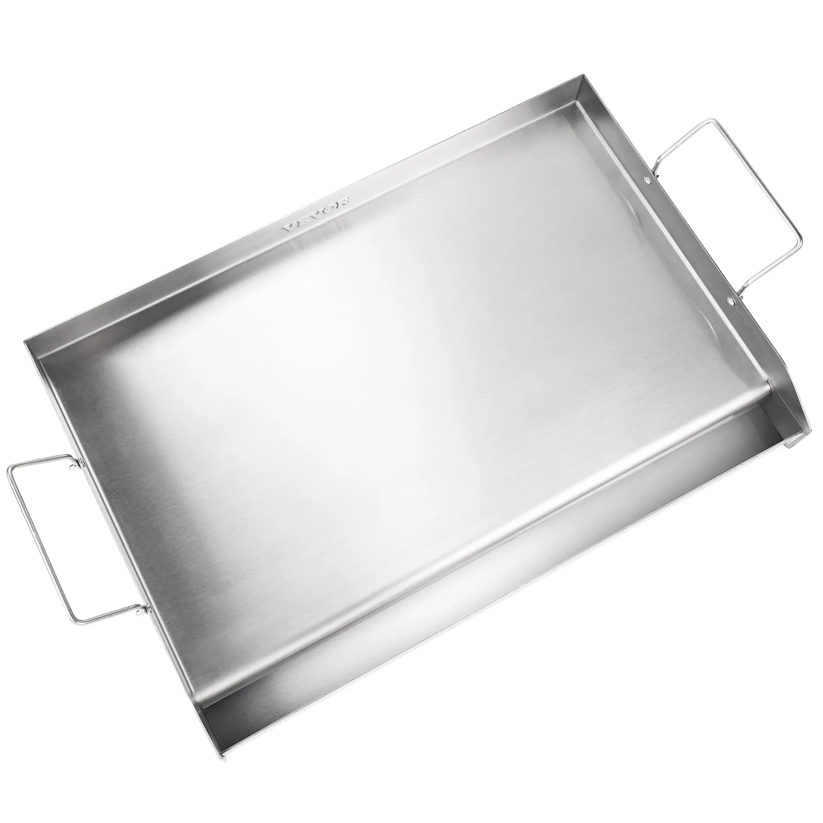 VEVOR stove top griddle with stainless steel surface and dual handles for easy lifting.