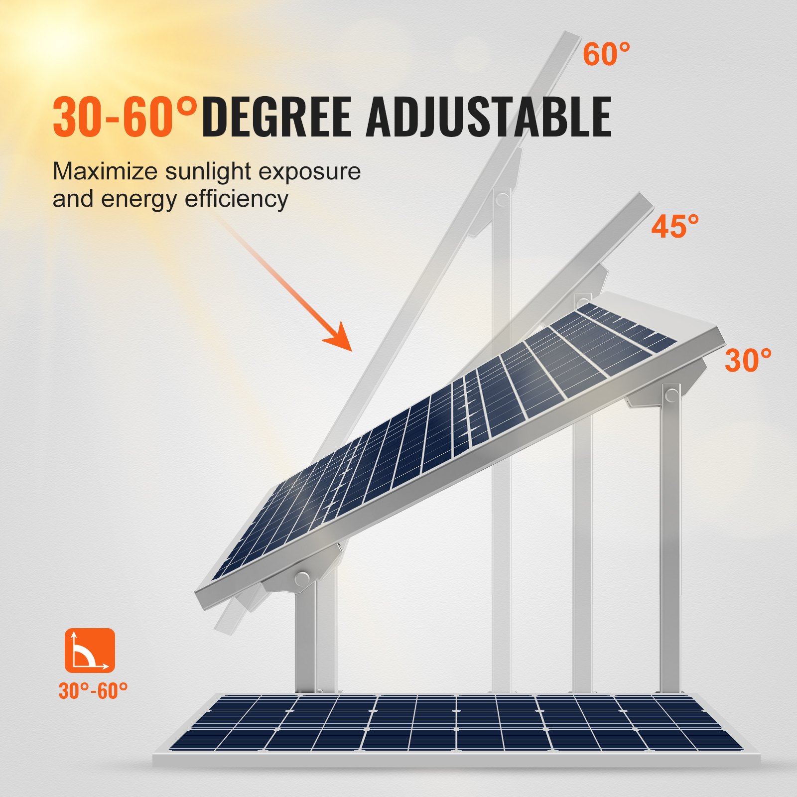 VEVOR Solar Panel Mounting Brackets, 30°-60° Adjustable Multi-Pieces Solar Panel Brackets for 1-4PCS Solar Panels, Carbon Steel Ground Mount Solar Panel Stand for Farms, RVs, Boats, Off-Grid System