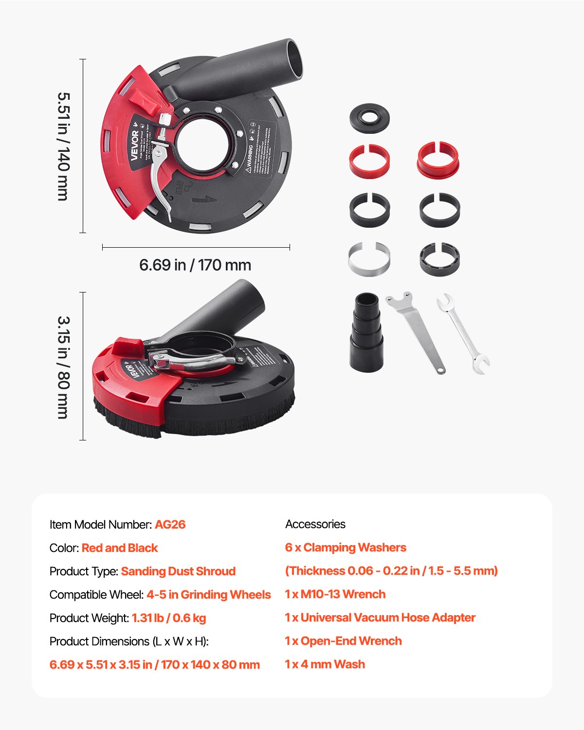 VEVOR Grinding Dust Shroud for Angle Grinder, Universal 4-5 in, Surface Grinder Dust Shroud with 6 Clamping Washers, Connect to Vacuum Cleaner, Suitable for Grinding Wood Concrete Wall Stone
