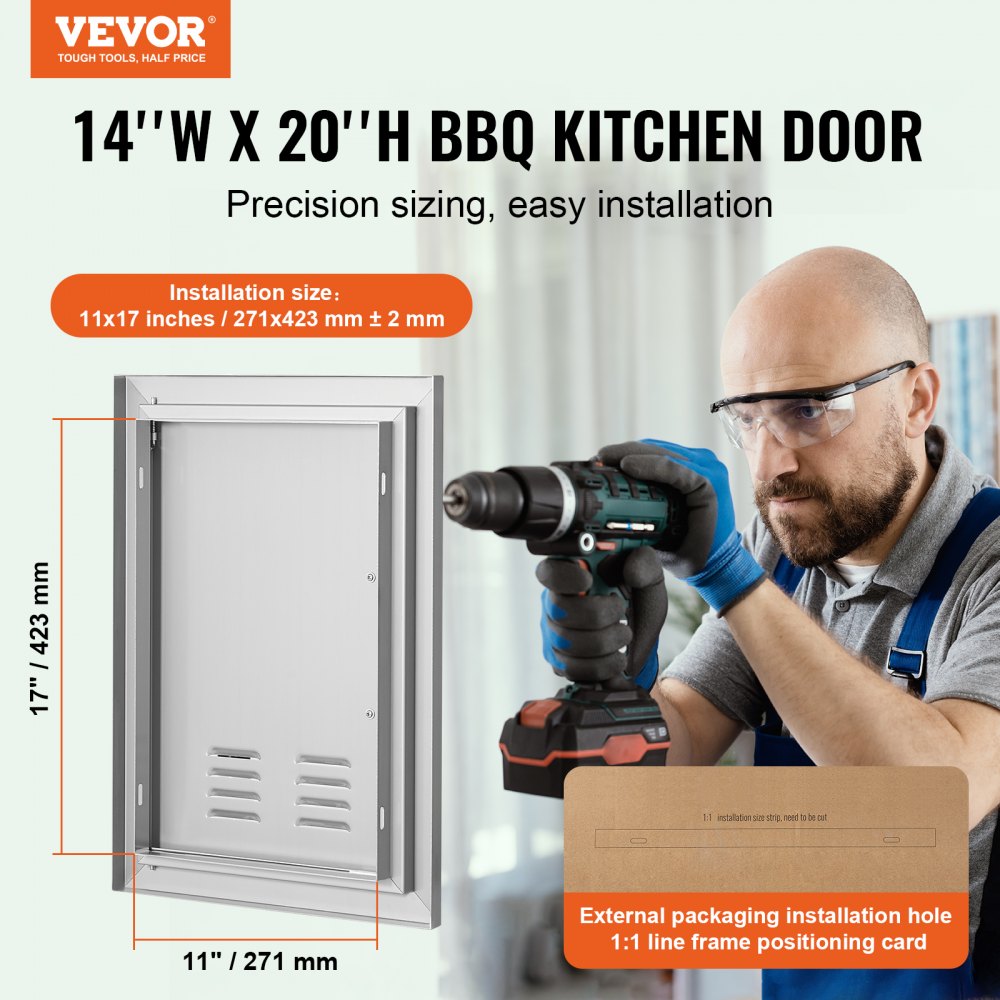 VEVOR BBQ Access Door, 356x508 mm Single Outdoor Kitchen Door, Stainless Steel Flush Mount Door, Wall Vertical Door with Handle and vents, for BBQ Island, Grilling Station, Outside Cabinet