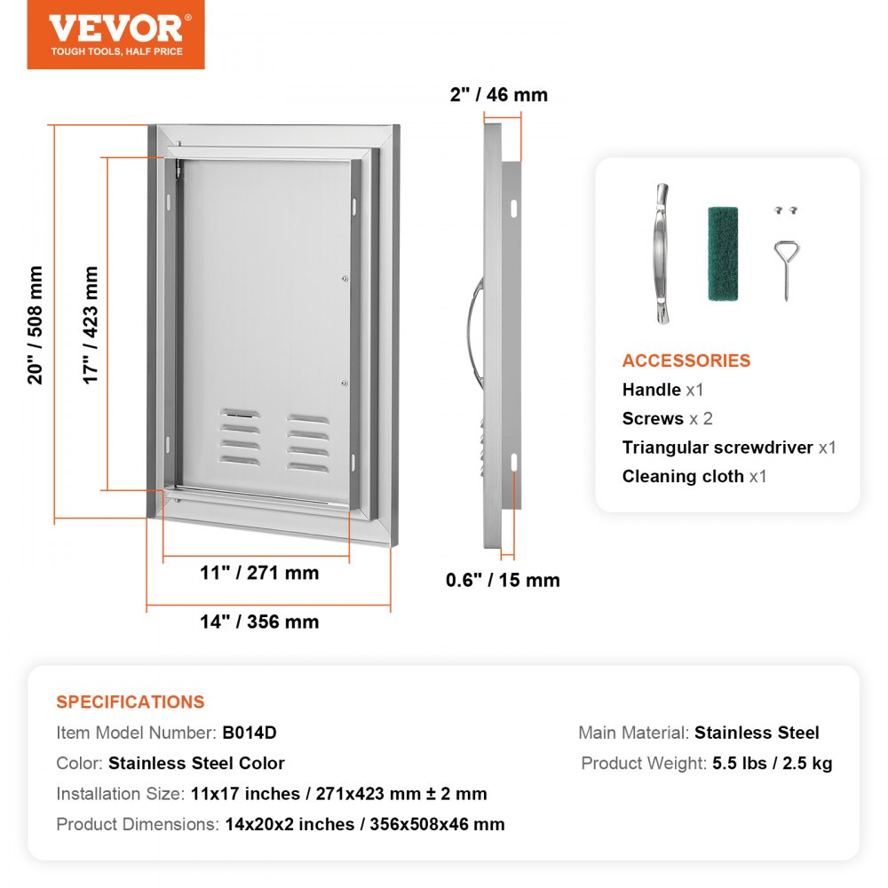 VEVOR BBQ Access Door, 356x508 mm Single Outdoor Kitchen Door, Stainless Steel Flush Mount Door, Wall Vertical Door with Handle and vents, for BBQ Island, Grilling Station, Outside Cabinet