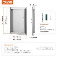 VEVOR BBQ Access Door, 16W x 22H Inch Single Outdoor Kitchen Door, Stainless Steel Flush Mount Door, Wall Vertical Door with Handle, for BBQ Island, Grilling Station, Outside Cabinet