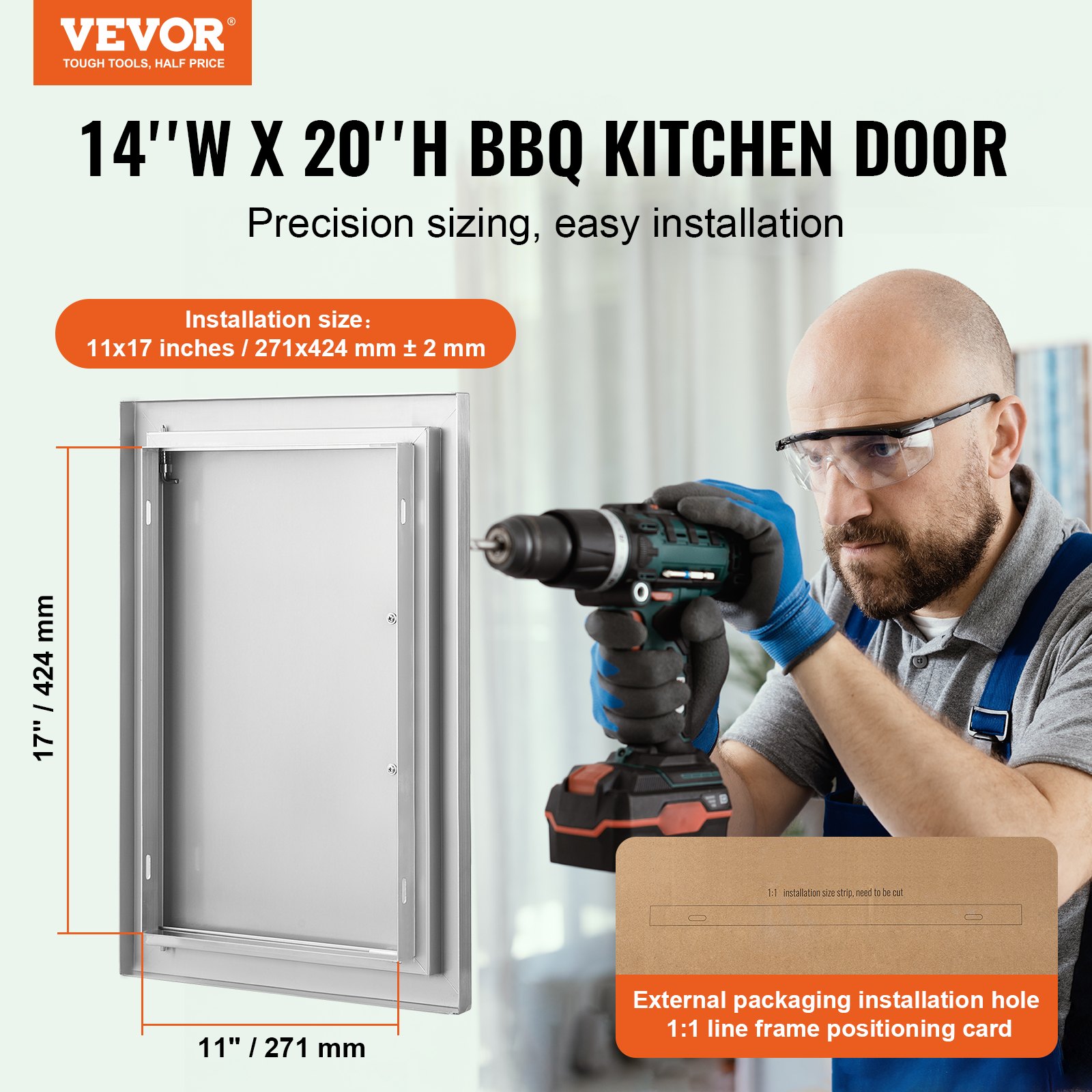 VEVOR BBQ Access Door, 355x508 mm Single Outdoor Kitchen Door, Stainless Steel Flush Mount Door, Wall Vertical Door with Handle, for BBQ Island, Grilling Station, Outside Cabinet