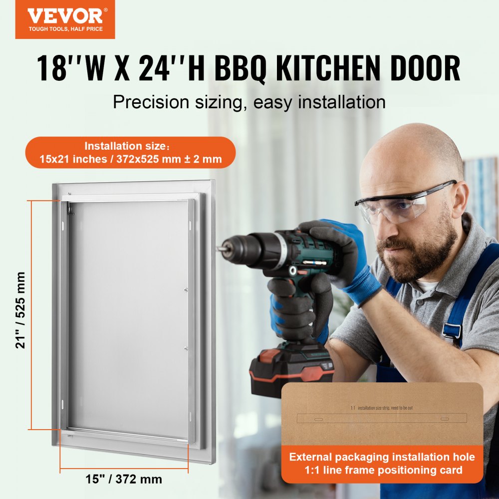 VEVOR BBQ Access Door, 457x610 mm Single Outdoor Kitchen Door, Stainless Steel Flush Mount Door, Wall Vertical Door with Handle, for BBQ Island, Grilling Station, Outside Cabinet