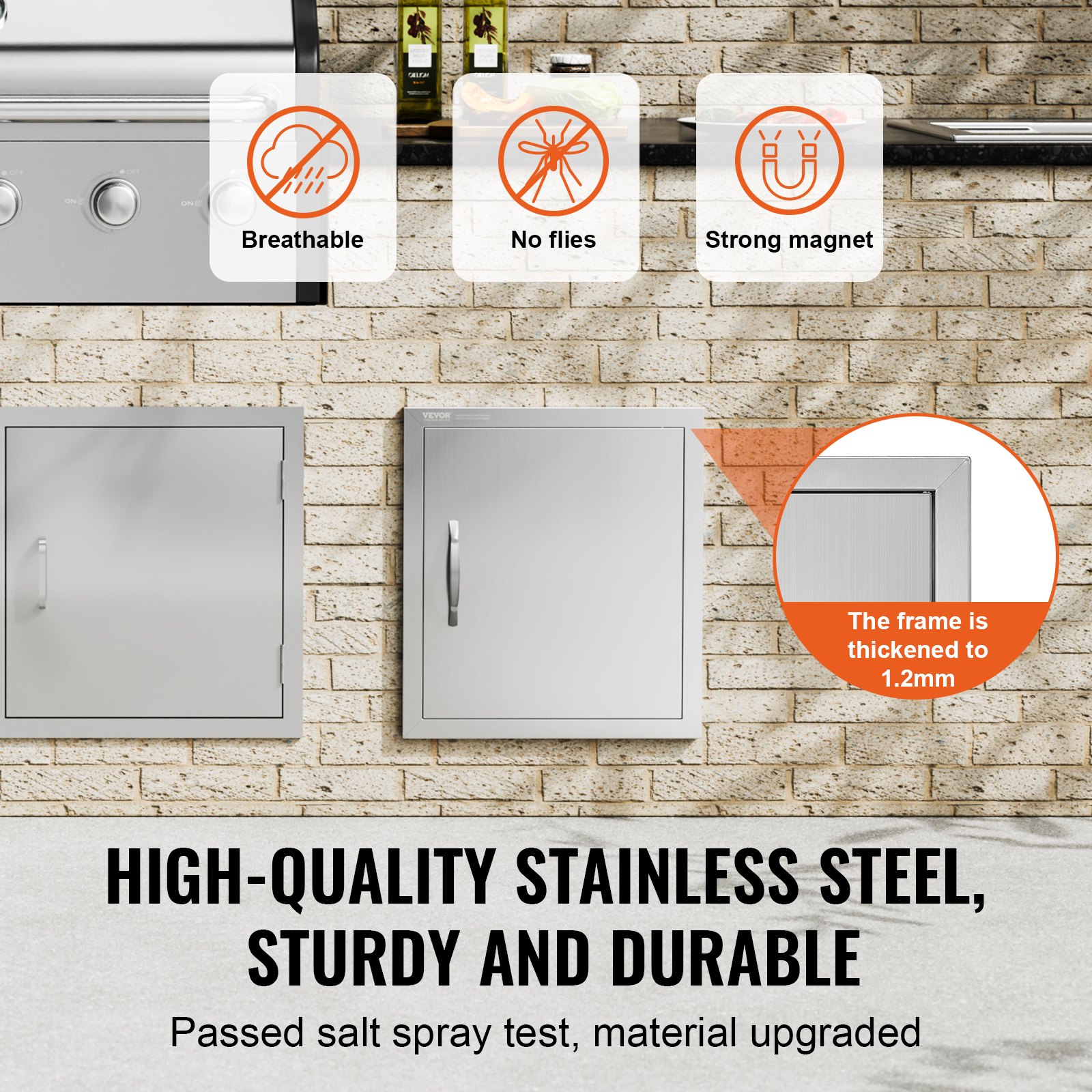 VEVOR BBQ Access Door, 457x508 mm Single Outdoor Kitchen Door, Stainless Steel Flush Mount Door, Wall Vertical Door with Handle and Hook, for BBQ Island, Grilling Station, Outside Cabinet
